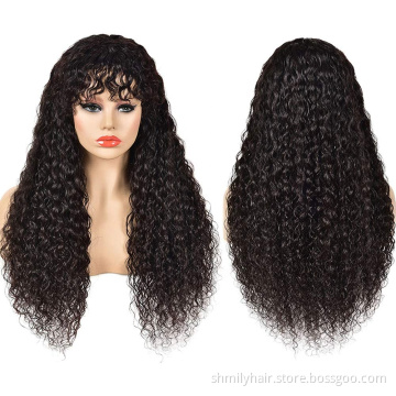 Shmily Wholesale Peruvian Human Hair Wig With Bangs Full Machine Made Wig 150 Density Scalp Base Remy Hair Curly Wigs For Women